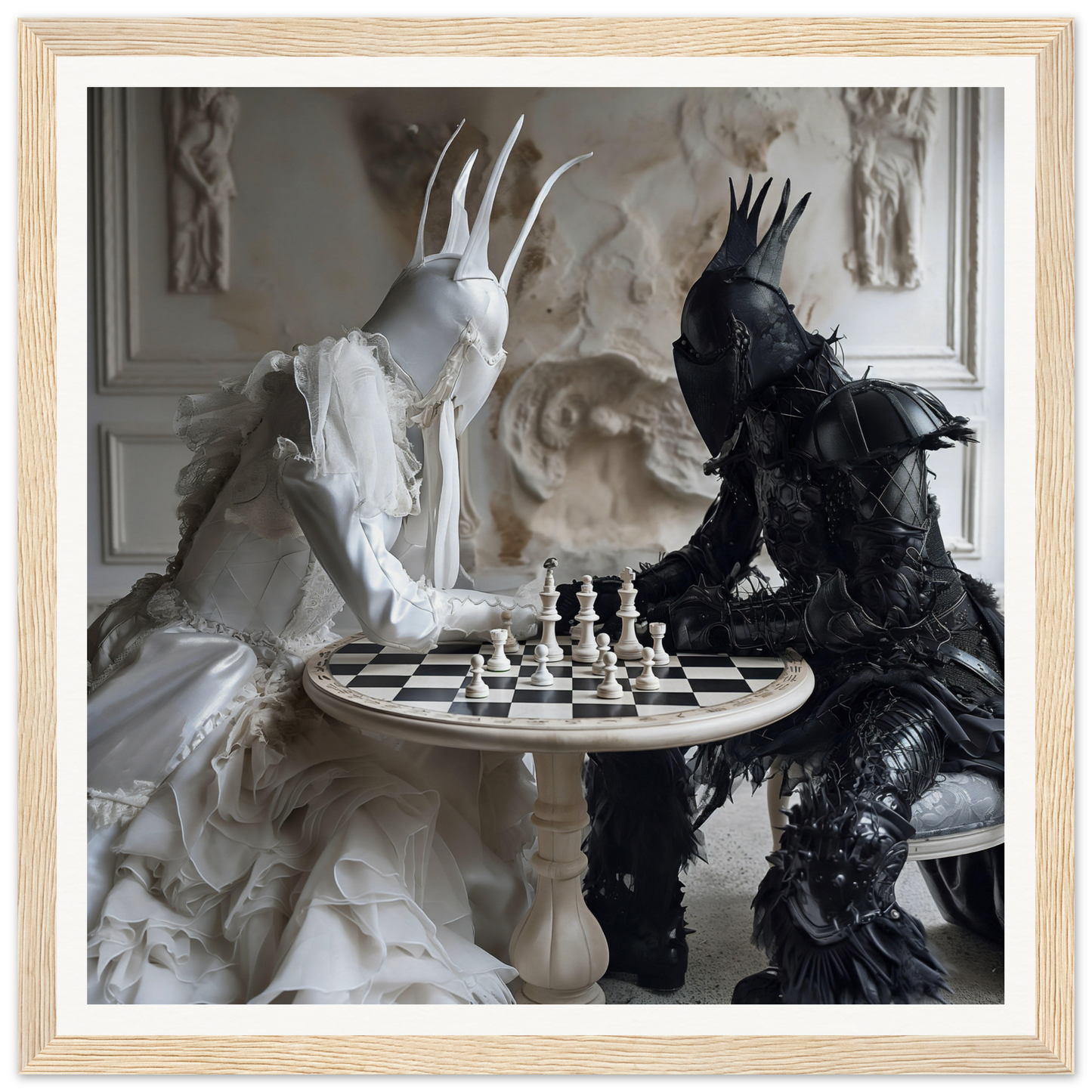 Two crowned figures in black and white attire playing chess in Ethereal Minds’ Duel