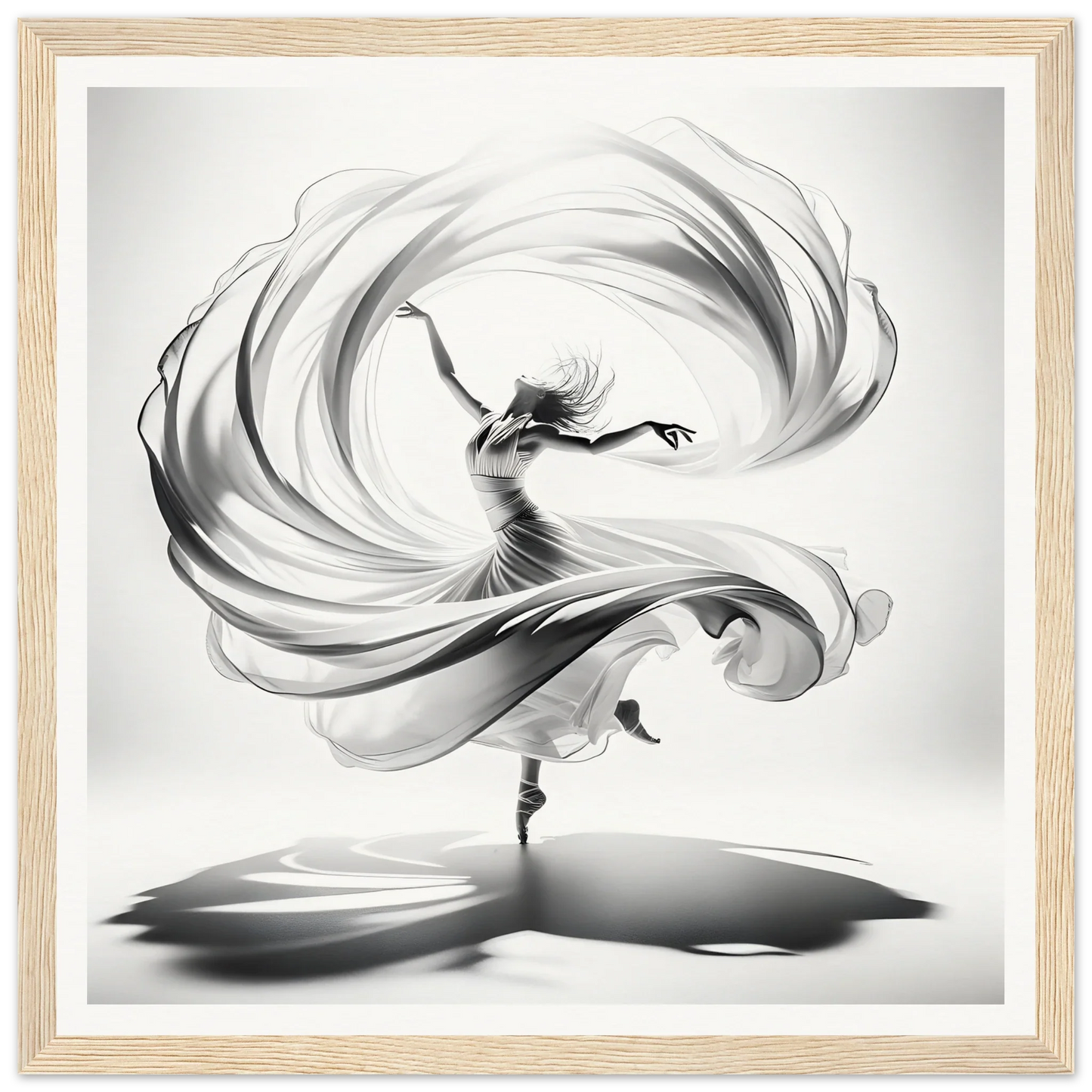 Graceful dancer in flowing fabric swirls in Ethereal Vortex Symphony framed poster