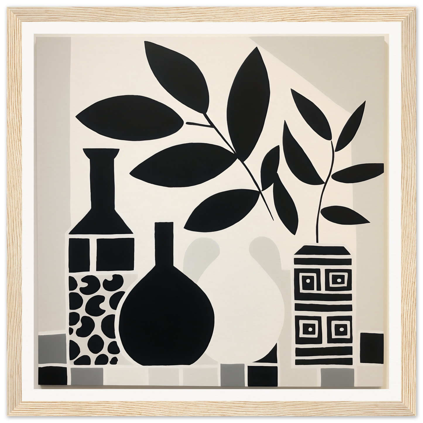 Black and white still life of vases with leaf motifs from Geometry’s Tranquil Dance