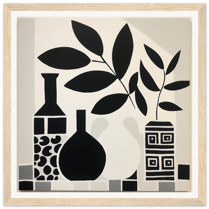 Black and white still life of vases with leaf motifs from Geometry’s Tranquil Dance