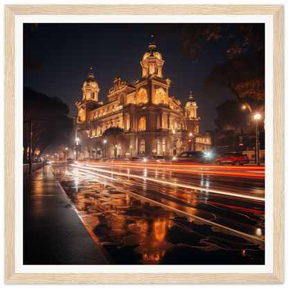 Illuminated Baroque Cathedral towers glowing gold in Gilded Night Dance art piece