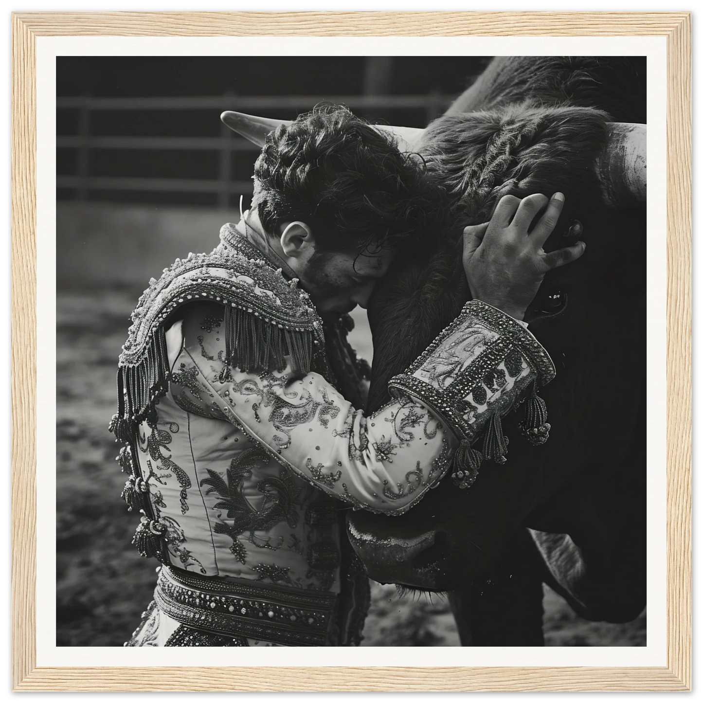 A matador in a stunning jacket embracing a bull from Graceful Reverie Duet special edition art™