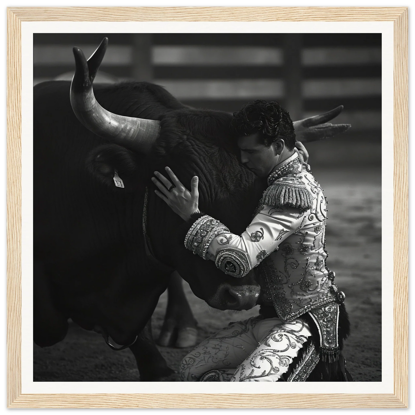 Matador in ornate suit grappling with bull in Harmonious Grief Dance art