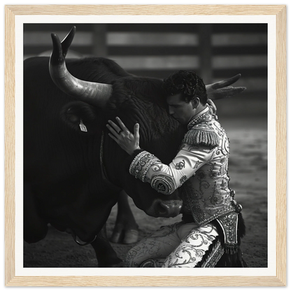 Matador in ornate suit grappling with bull in Harmonious Grief Dance art