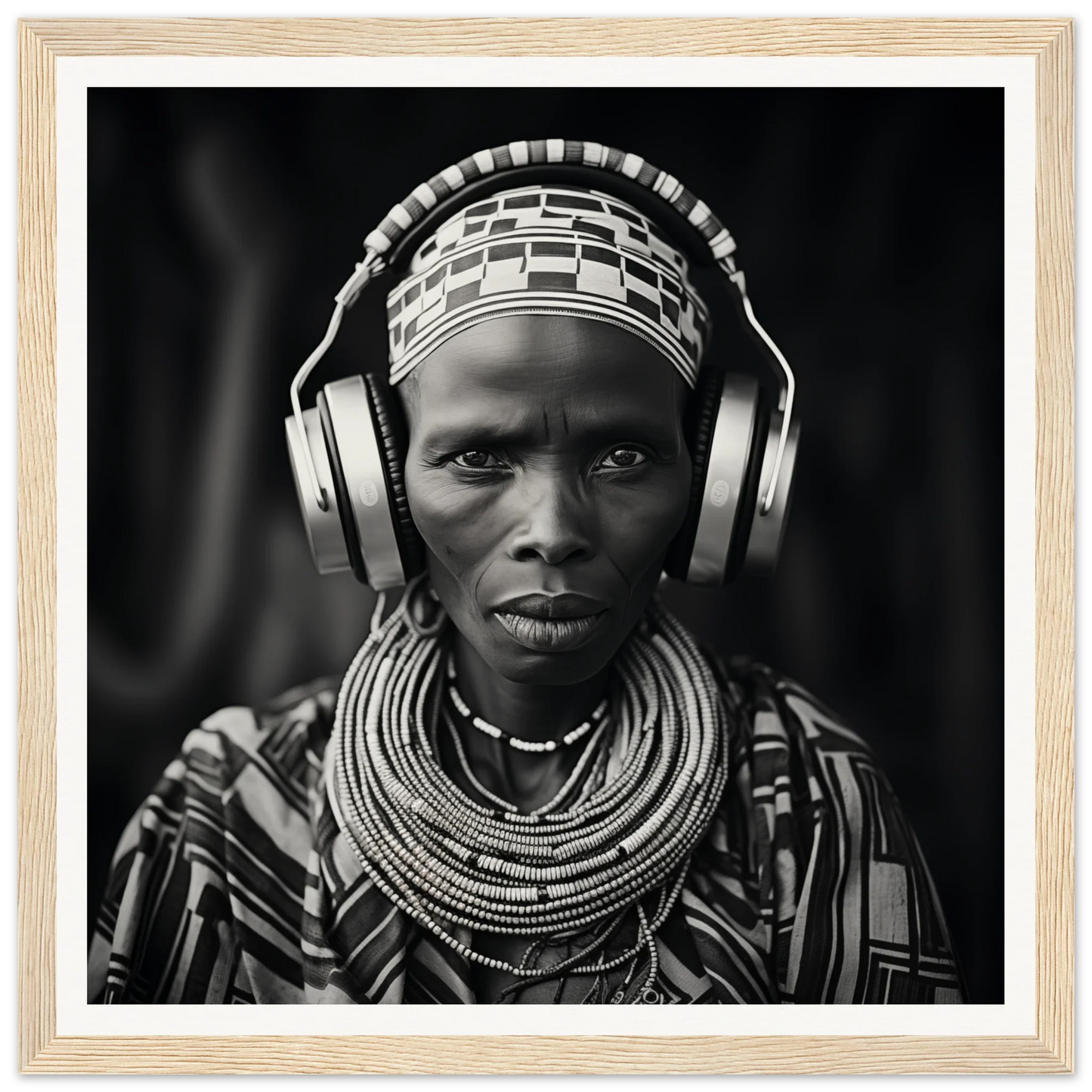 Black and white portrait of tradition meets tech with African beads and headphones