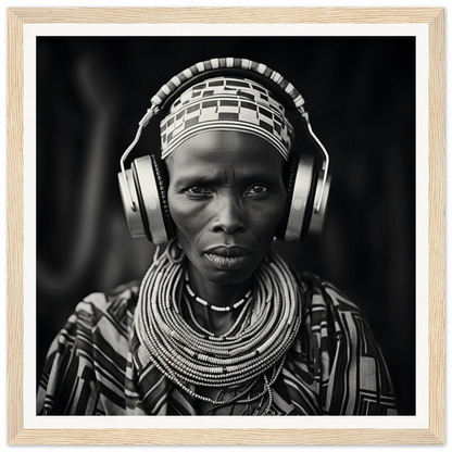 Black and white portrait of tradition meets tech with African beads and headphones