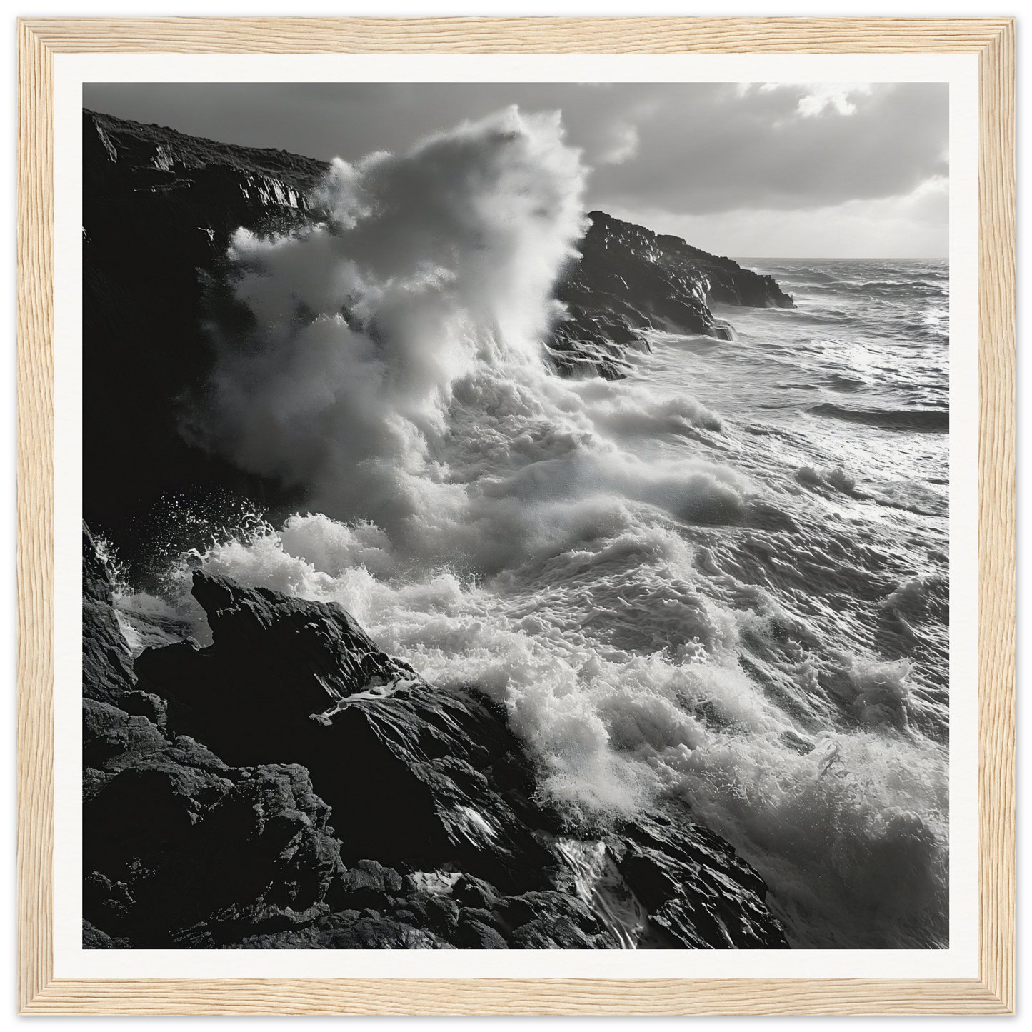 Powerful ocean waves crashing against rocky cliffs in Infinite Nautical Poem wall art