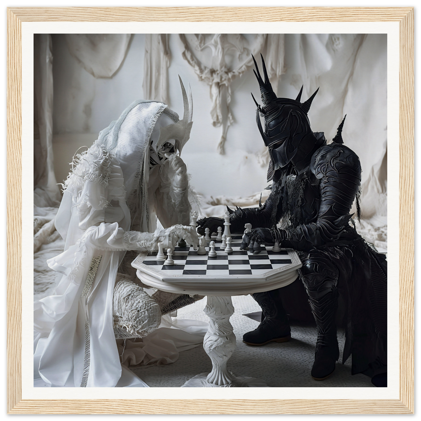 Two armored figures in a kindled celestial dance, playing chess at an ornate table