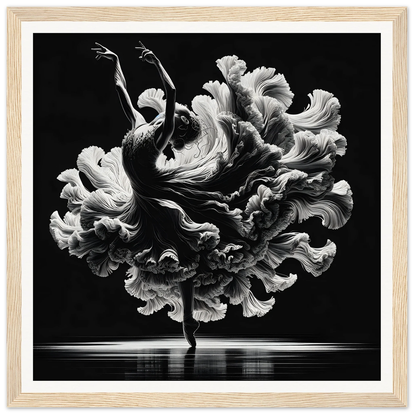 Dancer in flowing dress swirls like a flower in Kinetic Elegance Reverie art piece