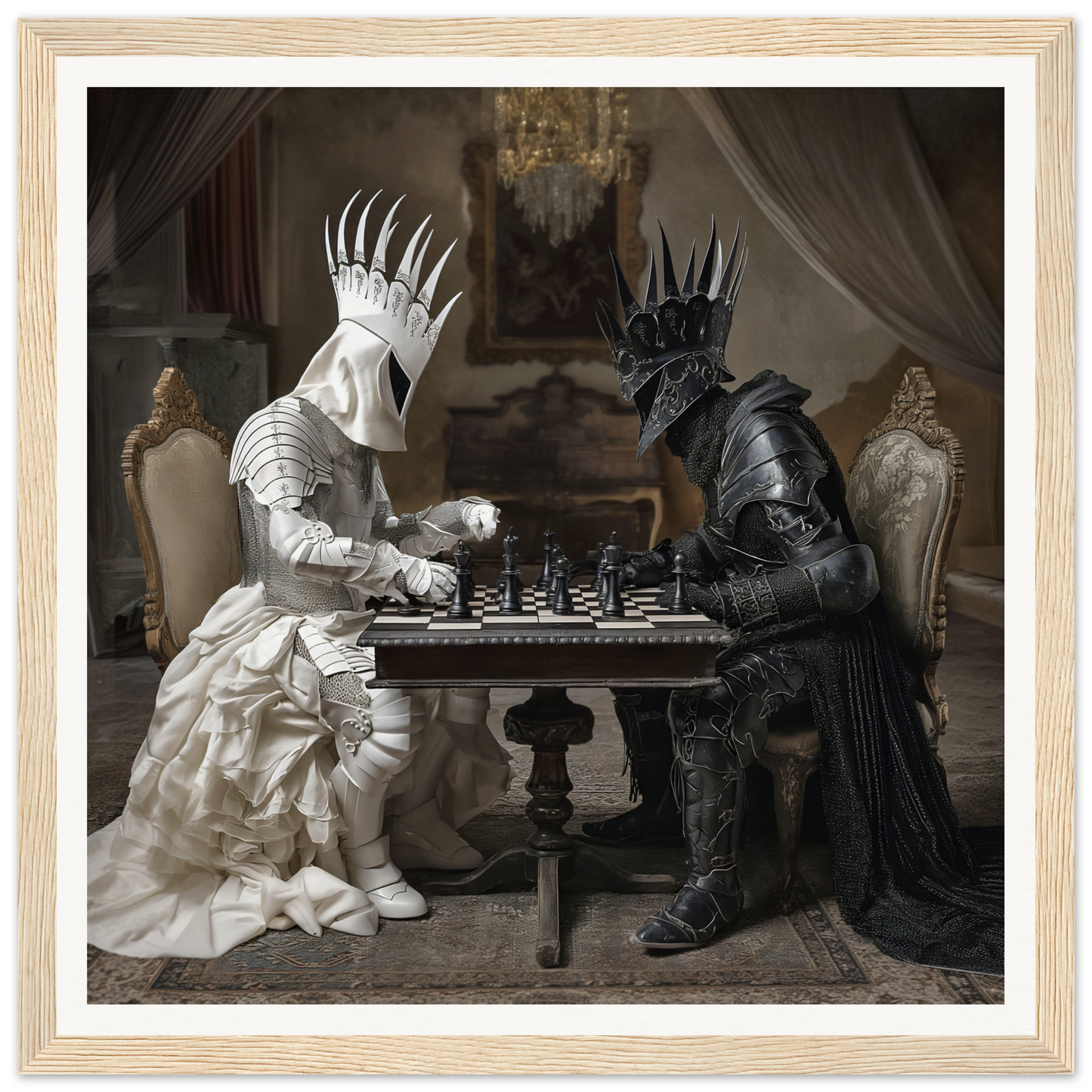 Two armored figures in black and white chess at Kinship Checkmates Cosmos art