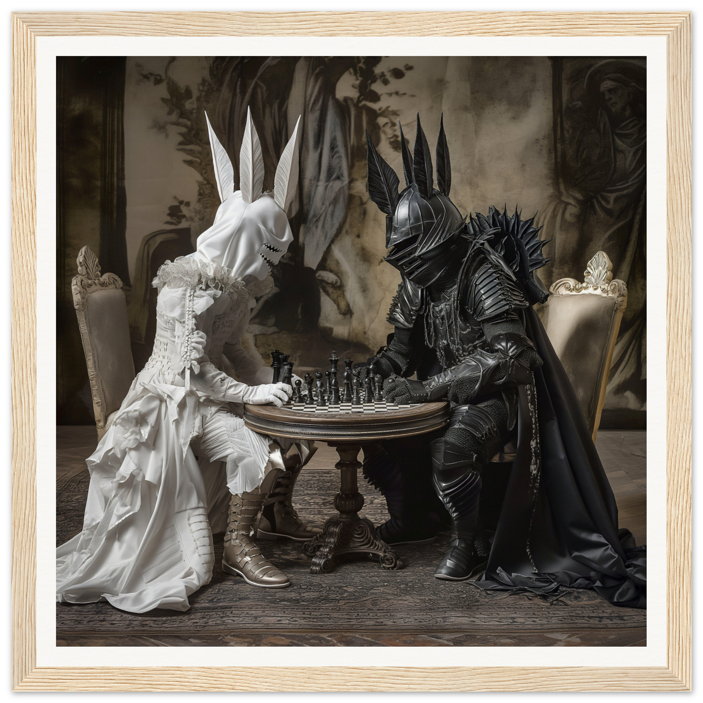 Two stylish rabbit figures in black and white playing chess from Knighted Dreamscapes