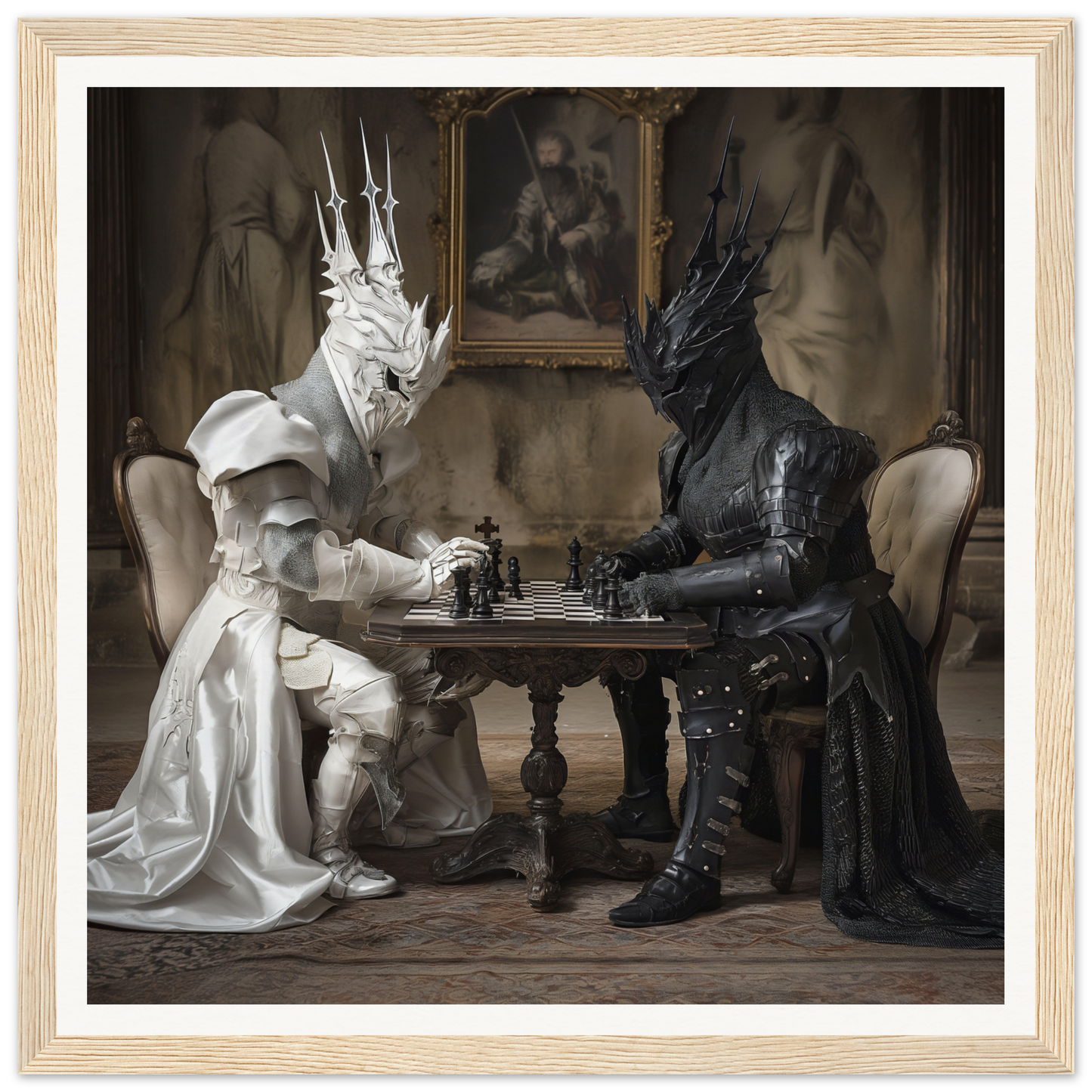 Two armored knights in a fantasy scene play chess in Knights’ Cerebral Ballet art