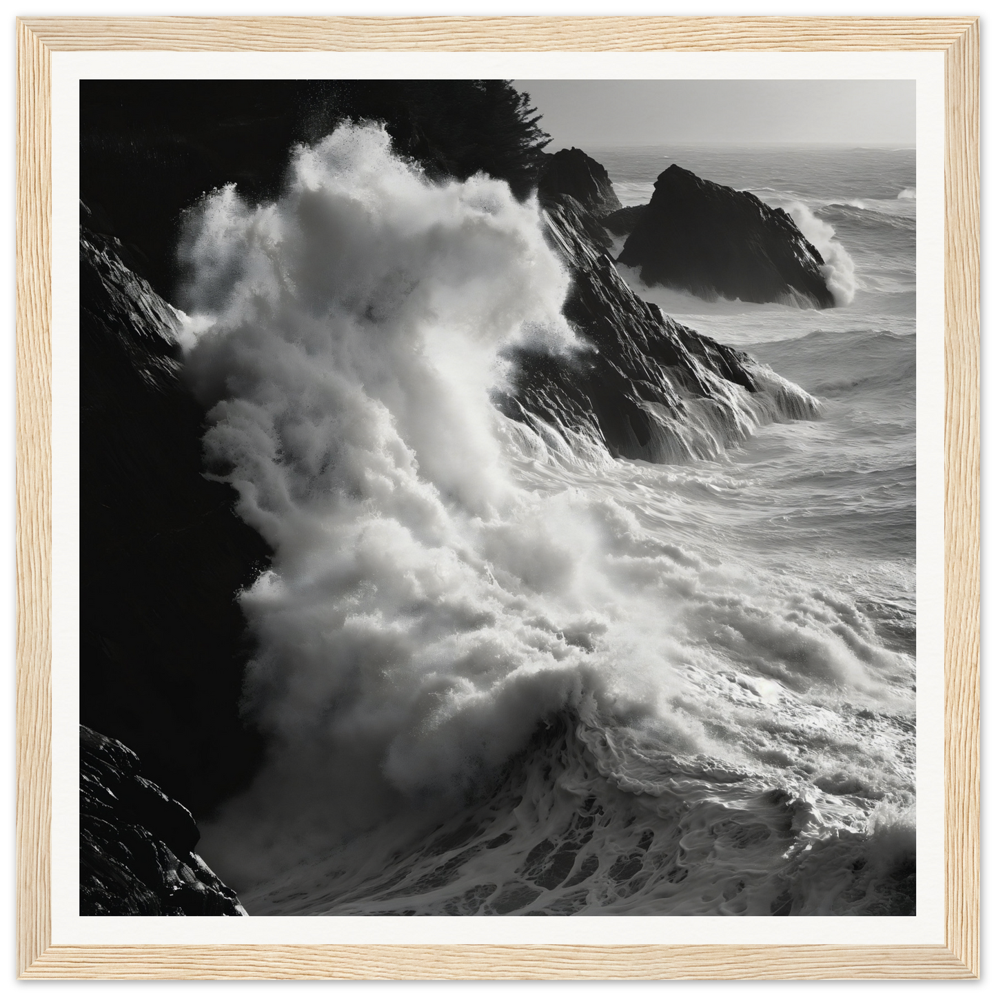 Powerful ocean waves crash on rocky cliffs in this white seascape framed poster