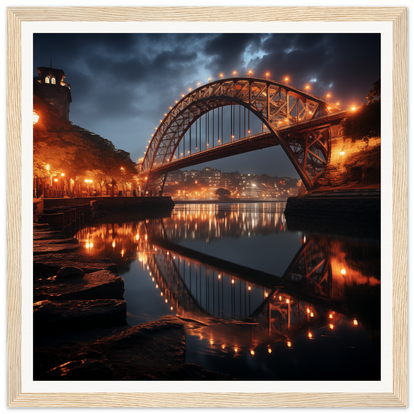 Stunning Illuminated Arch Bridge reflected in water, part of Lucid Lightways framed bridge art