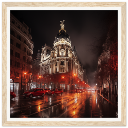 Ornate Metropolis building glowing at night in Madrid for Majestic Night Reverie