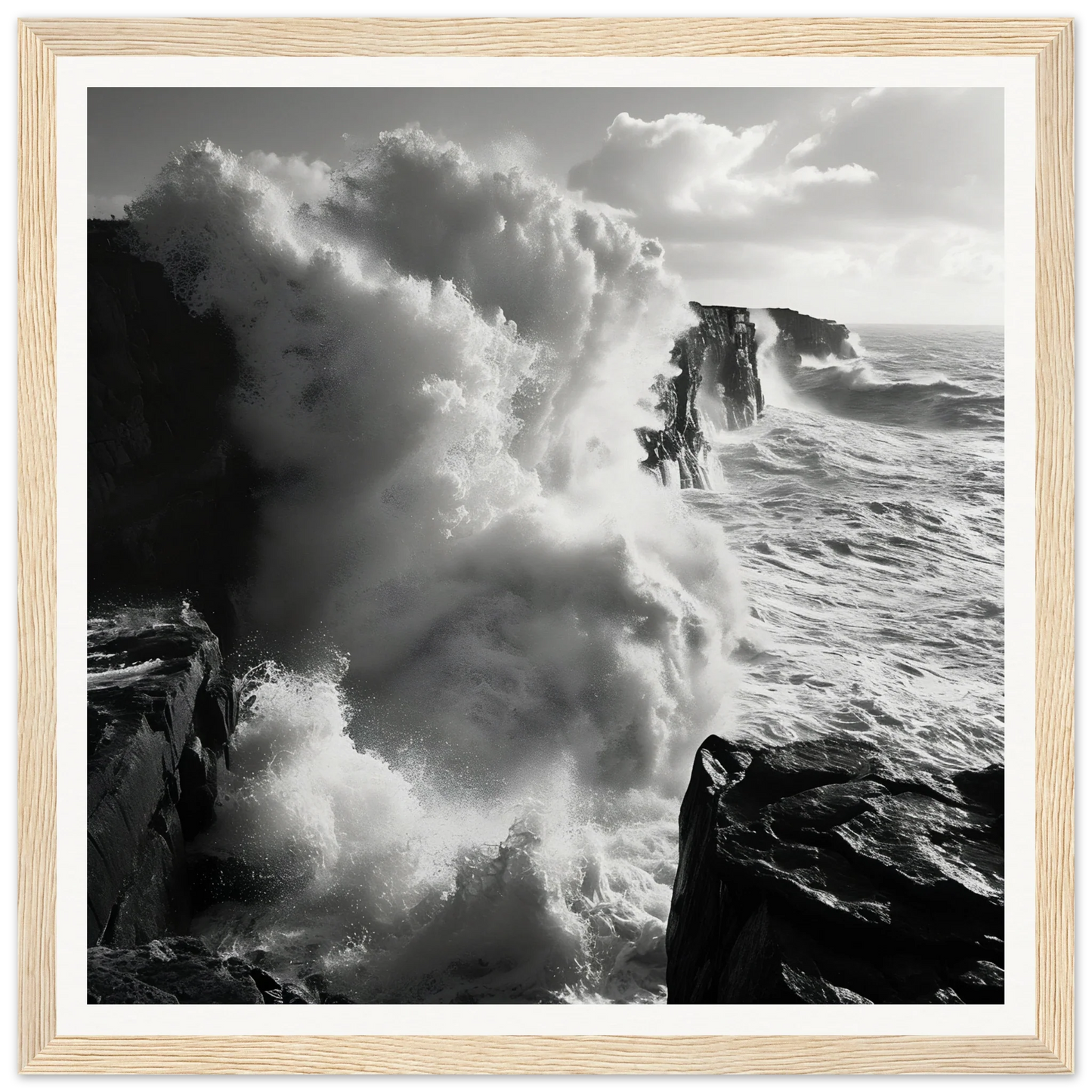 Powerful ocean waves crashing on cliffs in Majestic Tempest Dance artwork