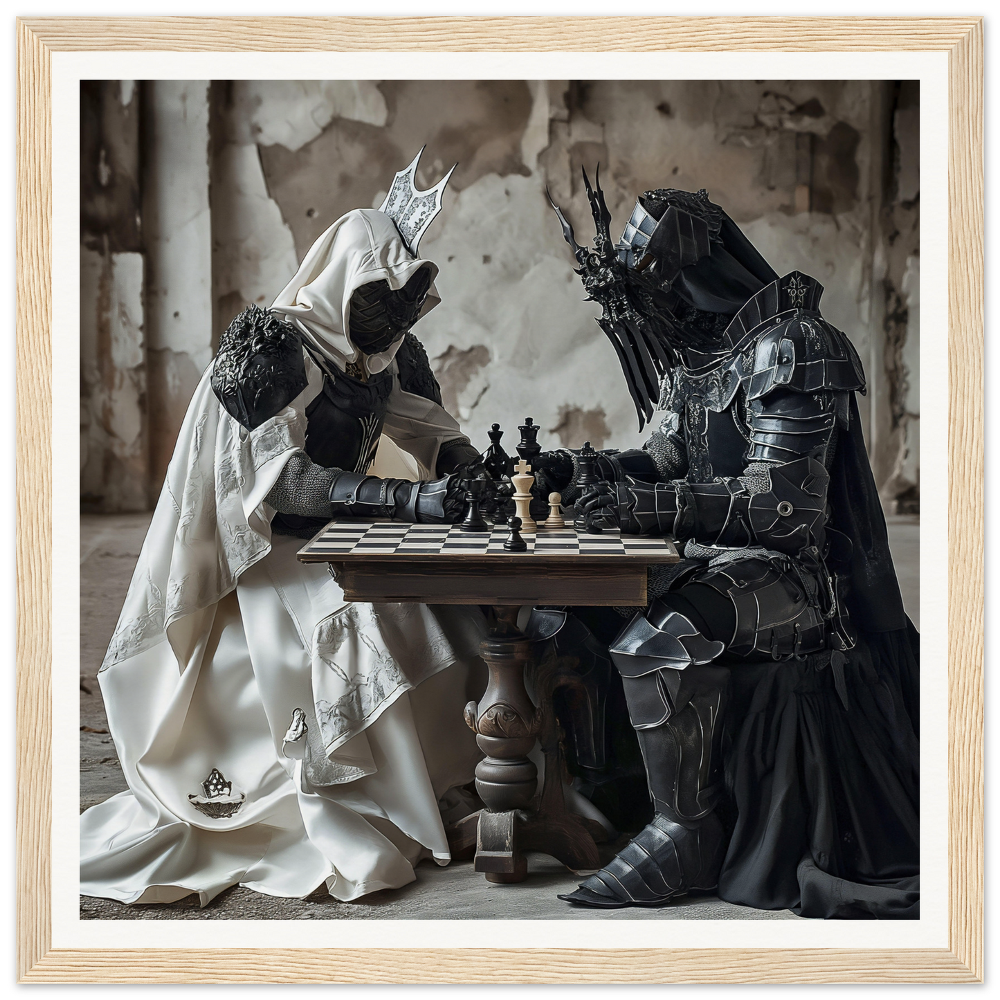 Two armored figures in Mind’s Naissance Battle engage in chess at a wooden table