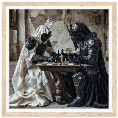 Two armored figures in Mind’s Naissance Battle engage in chess at a wooden table