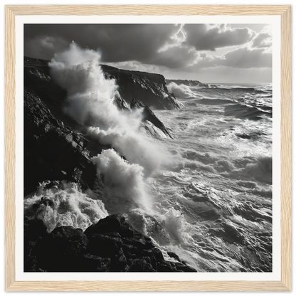 Powerful ocean waves crashing on cliffs in Mystic Tempest Waltz framed poster