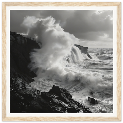 Powerful ocean waves crash against rocky cliffs in Nature’s Whispered Conquest art™