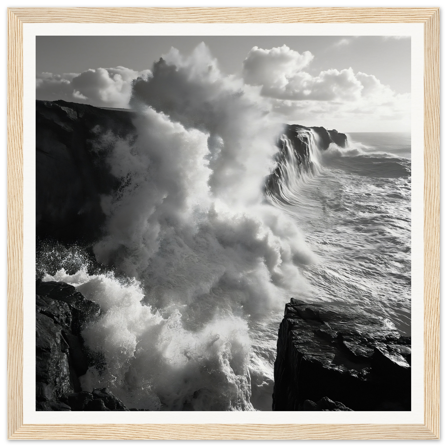 Dramatic ocean waves crashing on cliffs in Ocean’s Mighty Whisper special edition art™