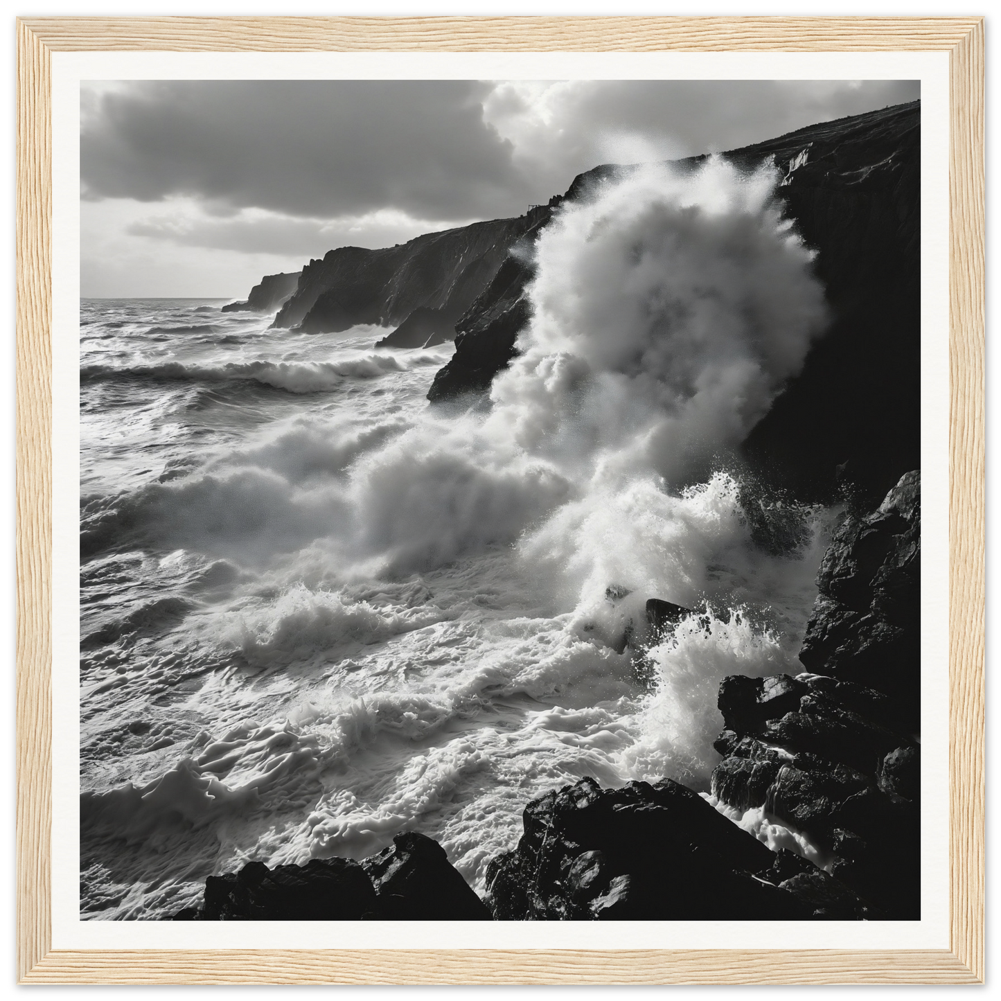 Powerful ocean waves crashing on rocky cliffs from Ocean’s Untamed Poems special edition art™