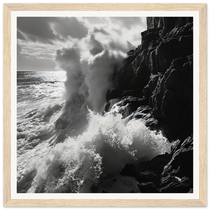 Powerful ocean waves crash against cliffs in Ocean’s Unyielding Fury on archival paper