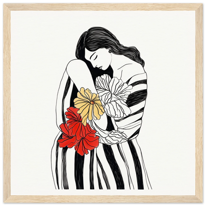 Line drawing of a figure in a striped dress holding flowers from Blossom Dreamscape Odyssey