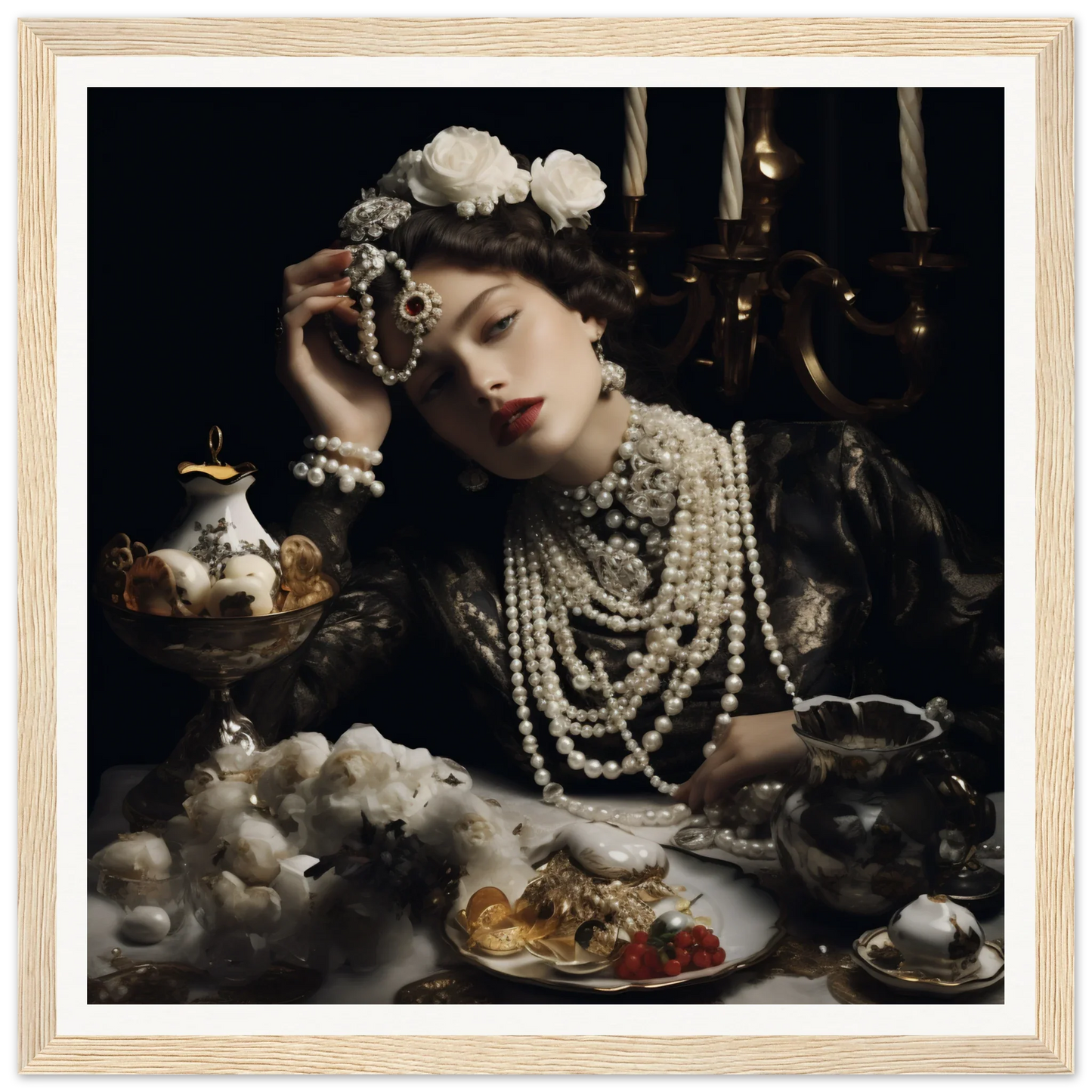 Dramatic portrait of Opulence’s Quiet Soul with pearl necklaces in moody lighting