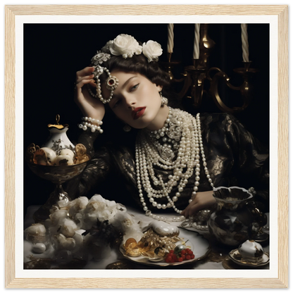 Dramatic portrait of Opulence’s Quiet Soul with pearl necklaces in moody lighting