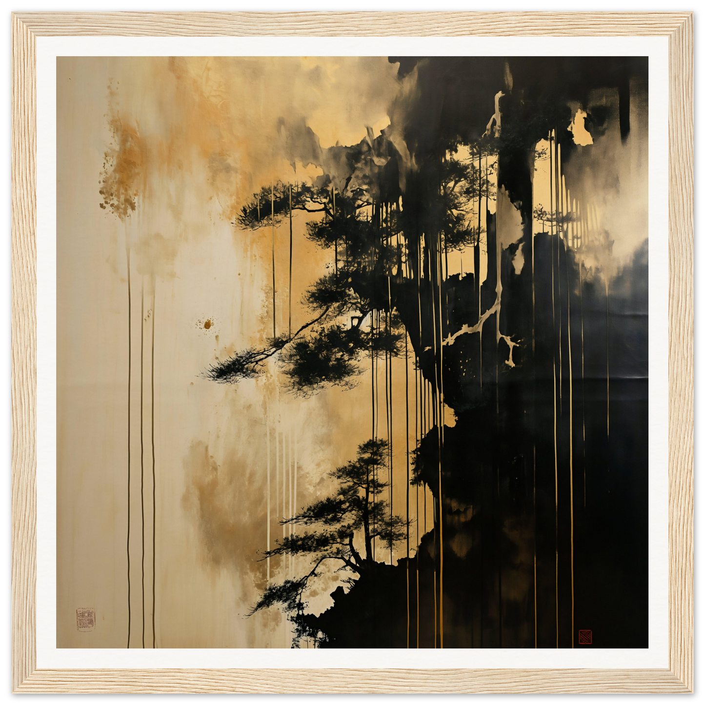 Silhouetted pine tree with paint drips in Pine Fog Reverie museum-quality framed art