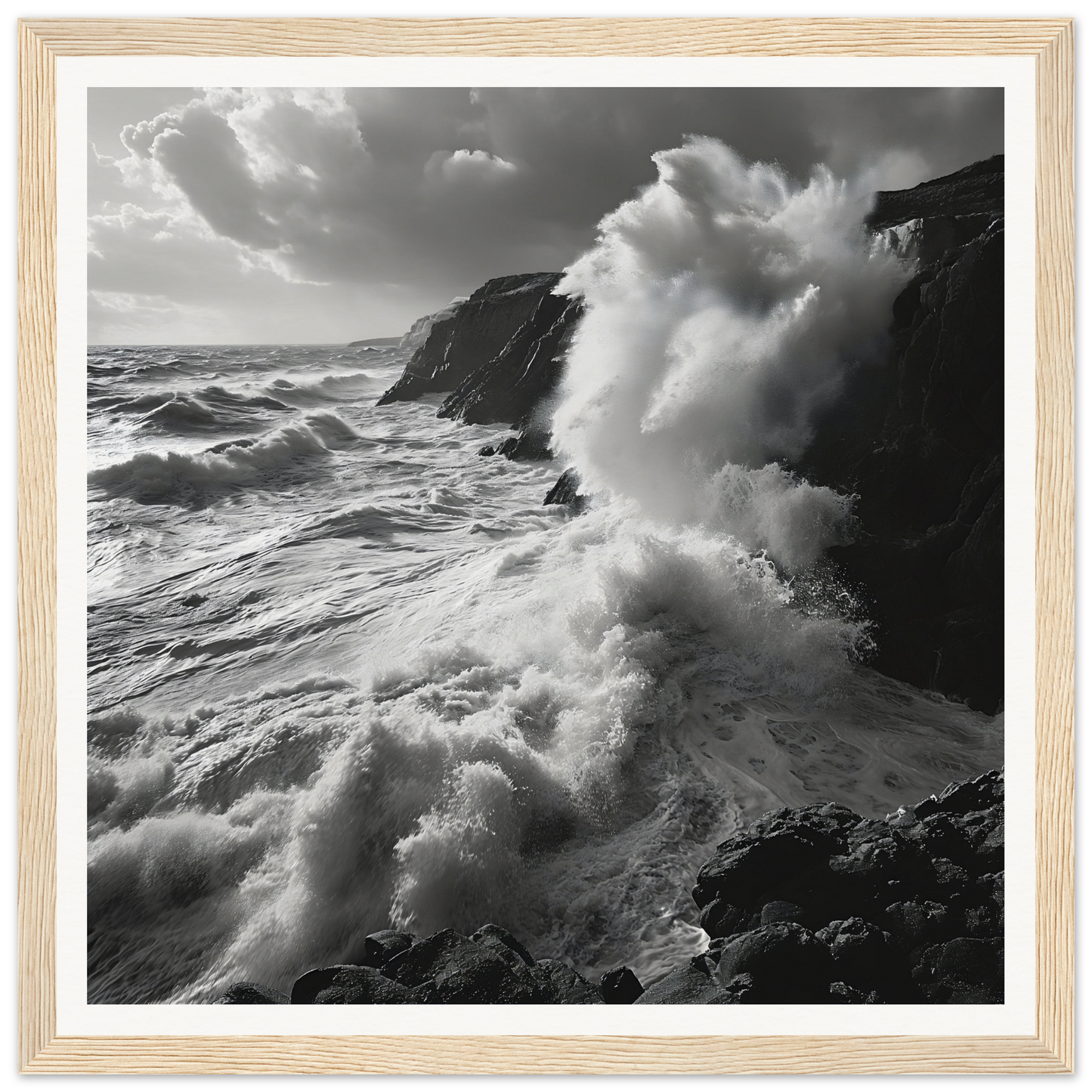 Powerful ocean waves crash against cliffs in the Primal Ocean Symphony framed masterpiece