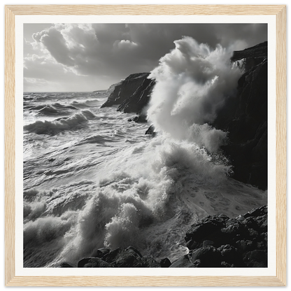 Powerful ocean waves crash against cliffs in the Primal Ocean Symphony framed masterpiece