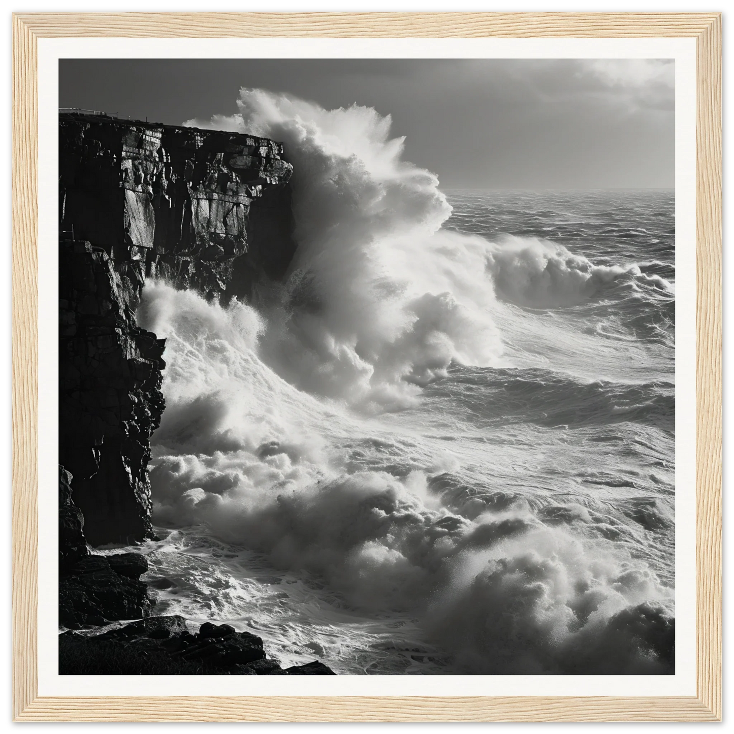 Powerful ocean waves crashing on cliffs in Relentless Ocean’s Ballet framed poster