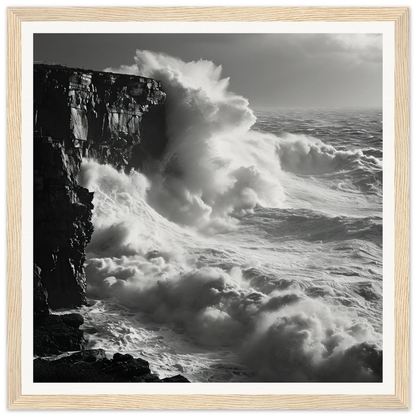 Powerful ocean waves crashing on cliffs in Relentless Ocean’s Ballet framed poster