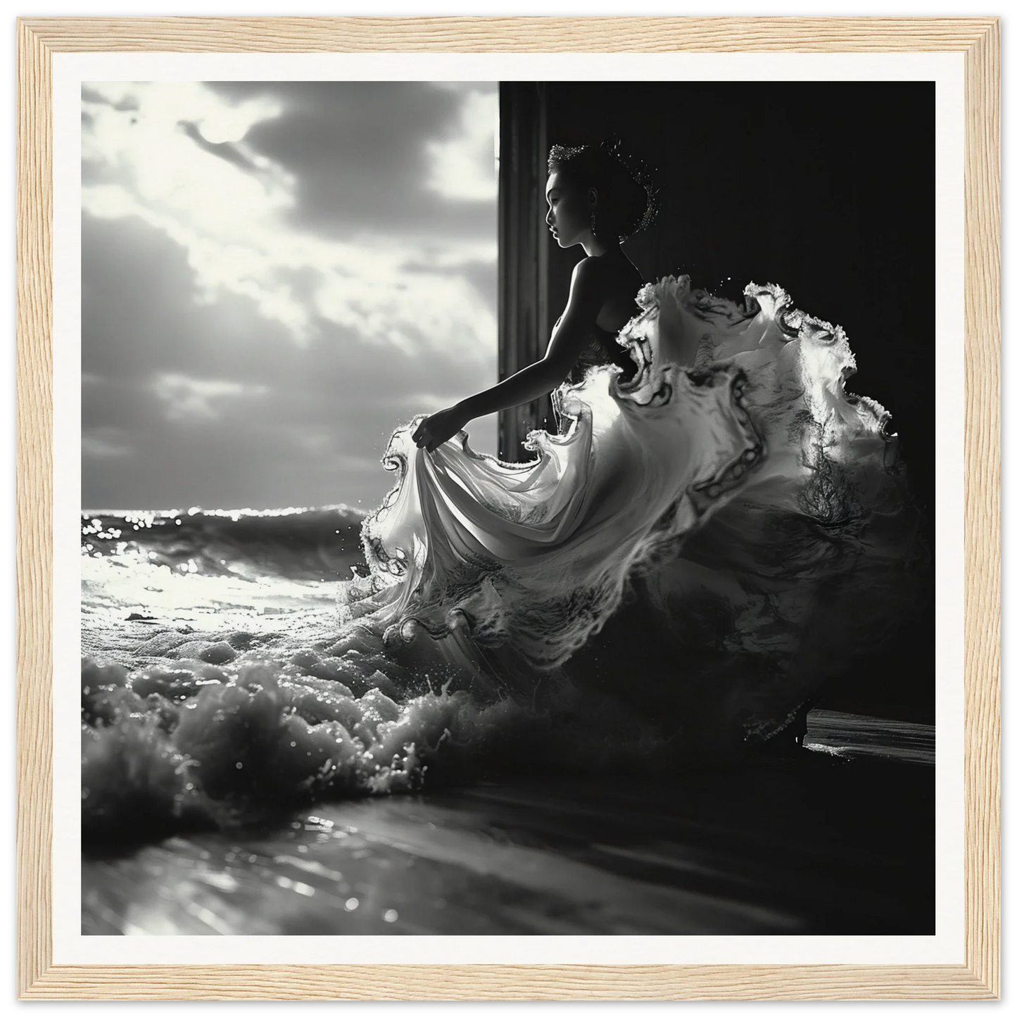 Flowing white dress in silhouette for Seas Dream Salutations special edition art