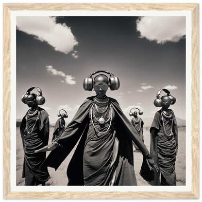 Traditional African figures in flowing robes and modern headphones for Serengeti Space Odyssey