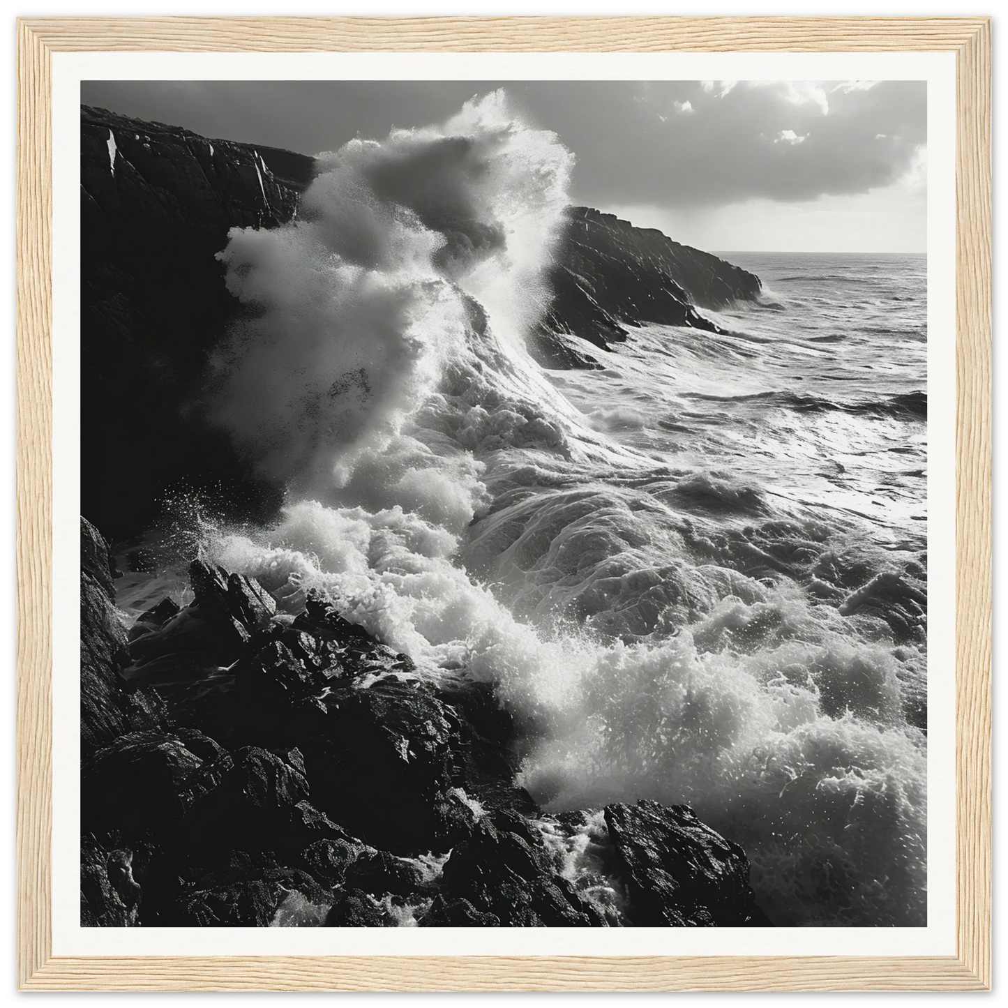 Powerful ocean waves crashing on rocky cliffs in Sinous Tidal Symphony art