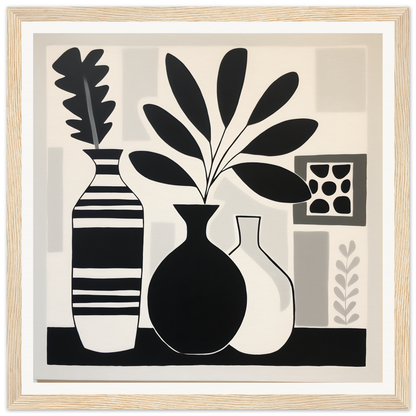 Three decorative vases with botanical elements in Stillness Serenade Meditations style