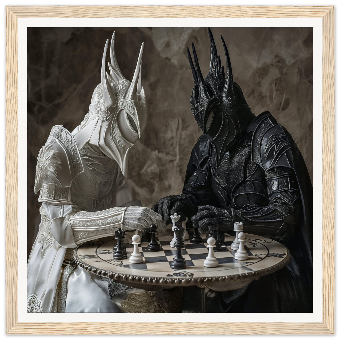 Two armored figures in helmets playing chess in Strategic Armor Delusion art