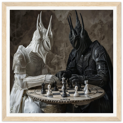 Two armored figures in helmets playing chess in Strategic Armor Delusion art