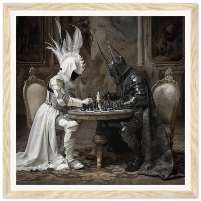 Two armored figures battle in chess at a fancy table in Strategic Enigma Echoes