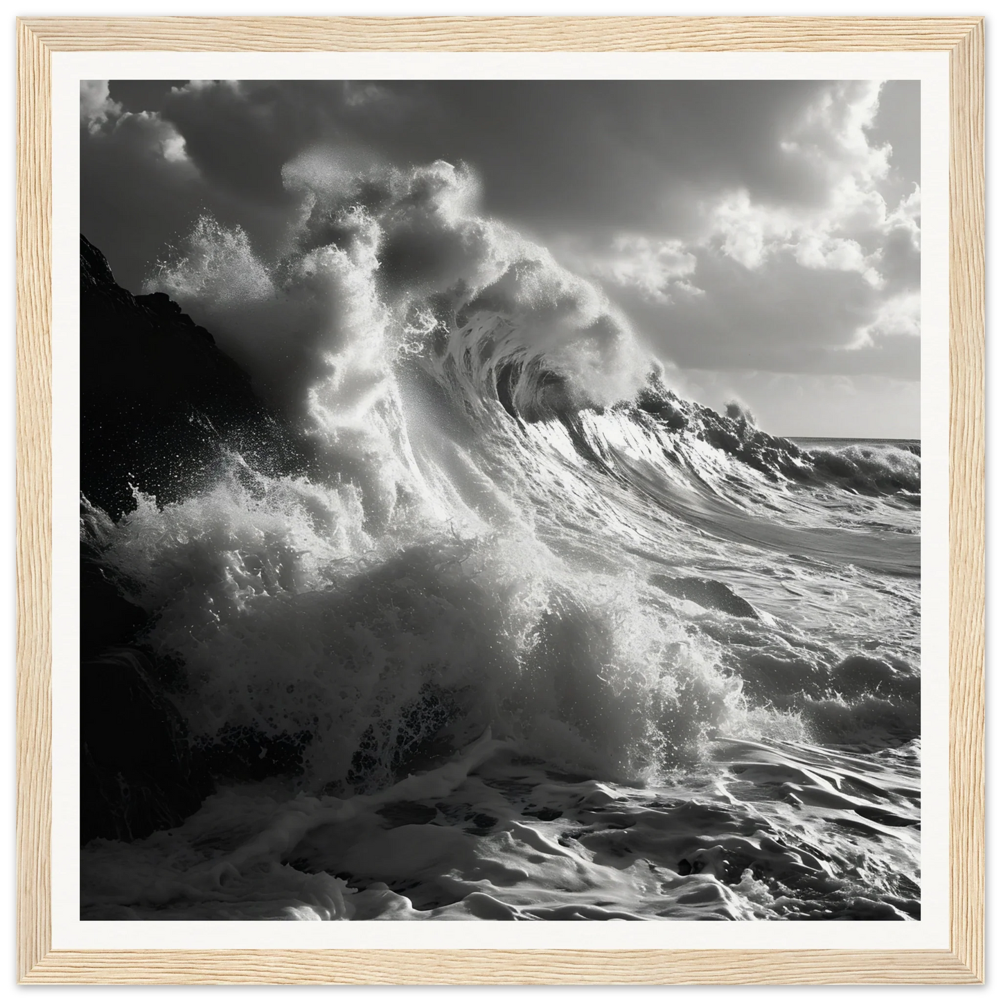 Powerful ocean wave crashing in black and white for Sublime Crest Odyssey art piece