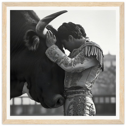 Matador in embroidered suit embraces bull’s head in Sul T Toreador’s Reverie art