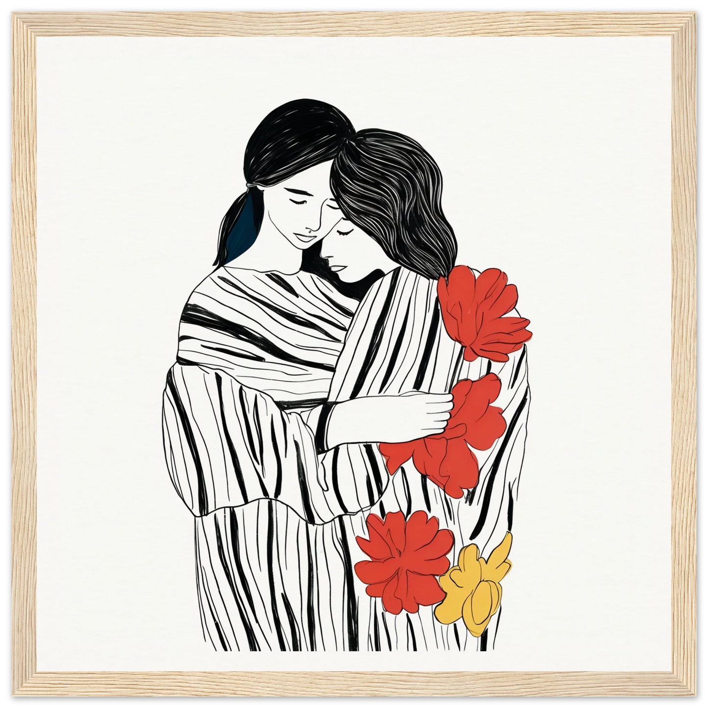 Line drawing of two figures embracing with red and yellow flowers in Tender Embrace Symphony