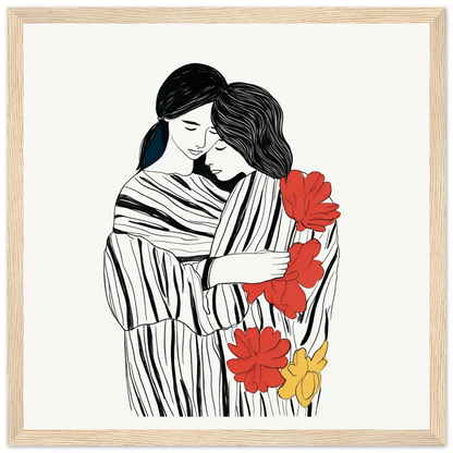 Line drawing of two figures embracing with red and yellow flowers in Tender Embrace Symphony