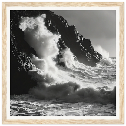 Powerful ocean waves crash on cliffs in Tidal Unfurl Dance framed wall art