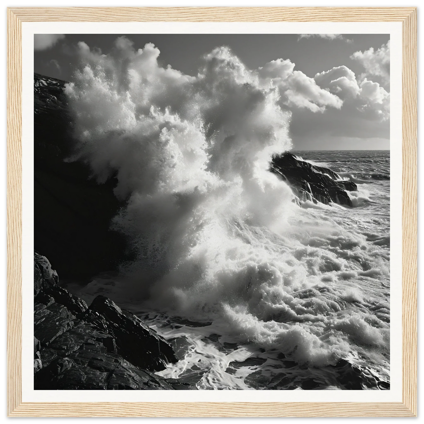 Ocean wave crashing on rocky cliffs in Tide’s Judgement Hour special edition art™