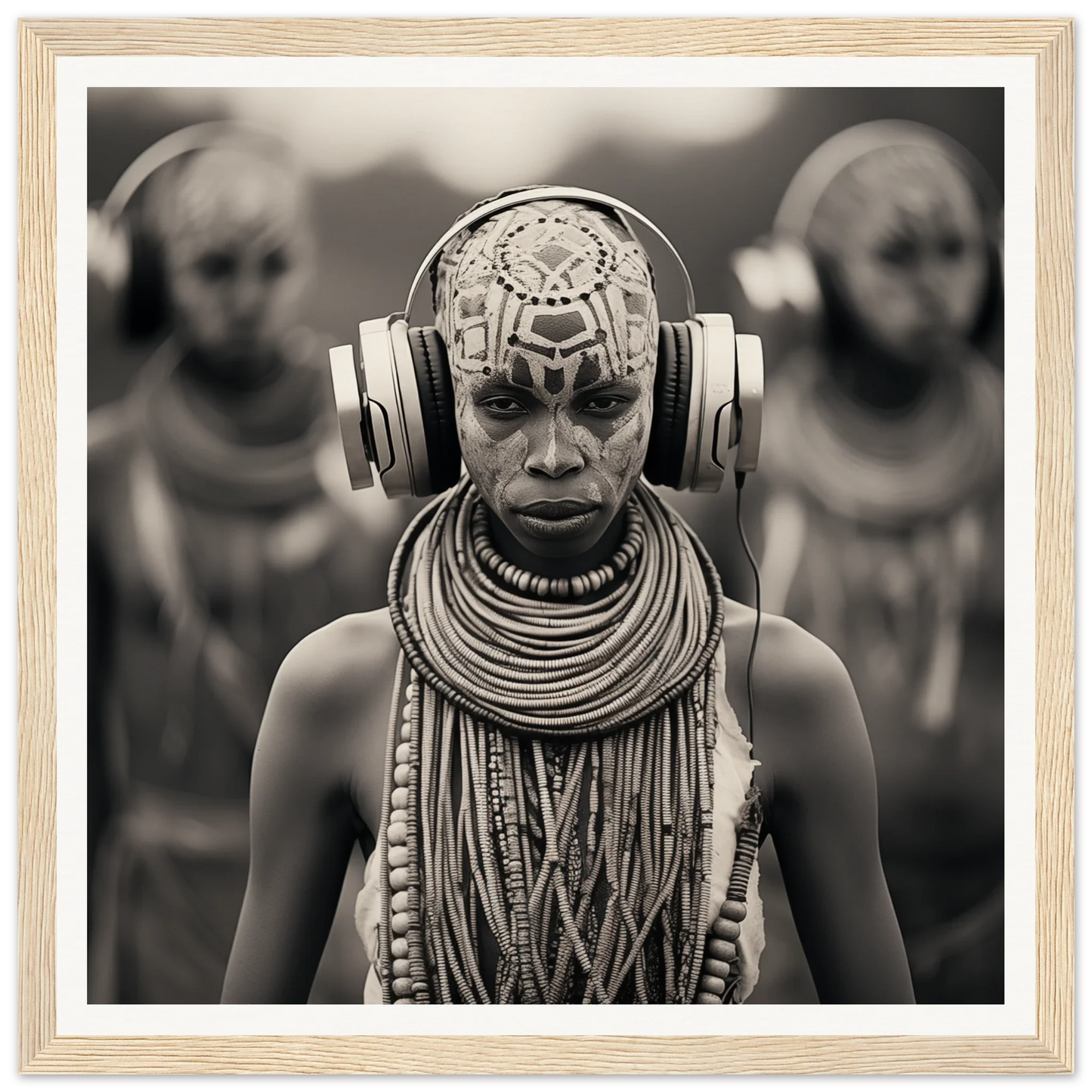 Black and white portrait of a tribal member in Tribal Signal Symphony special edition art™