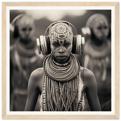 Black and white portrait of a tribal member in Tribal Signal Symphony special edition art™